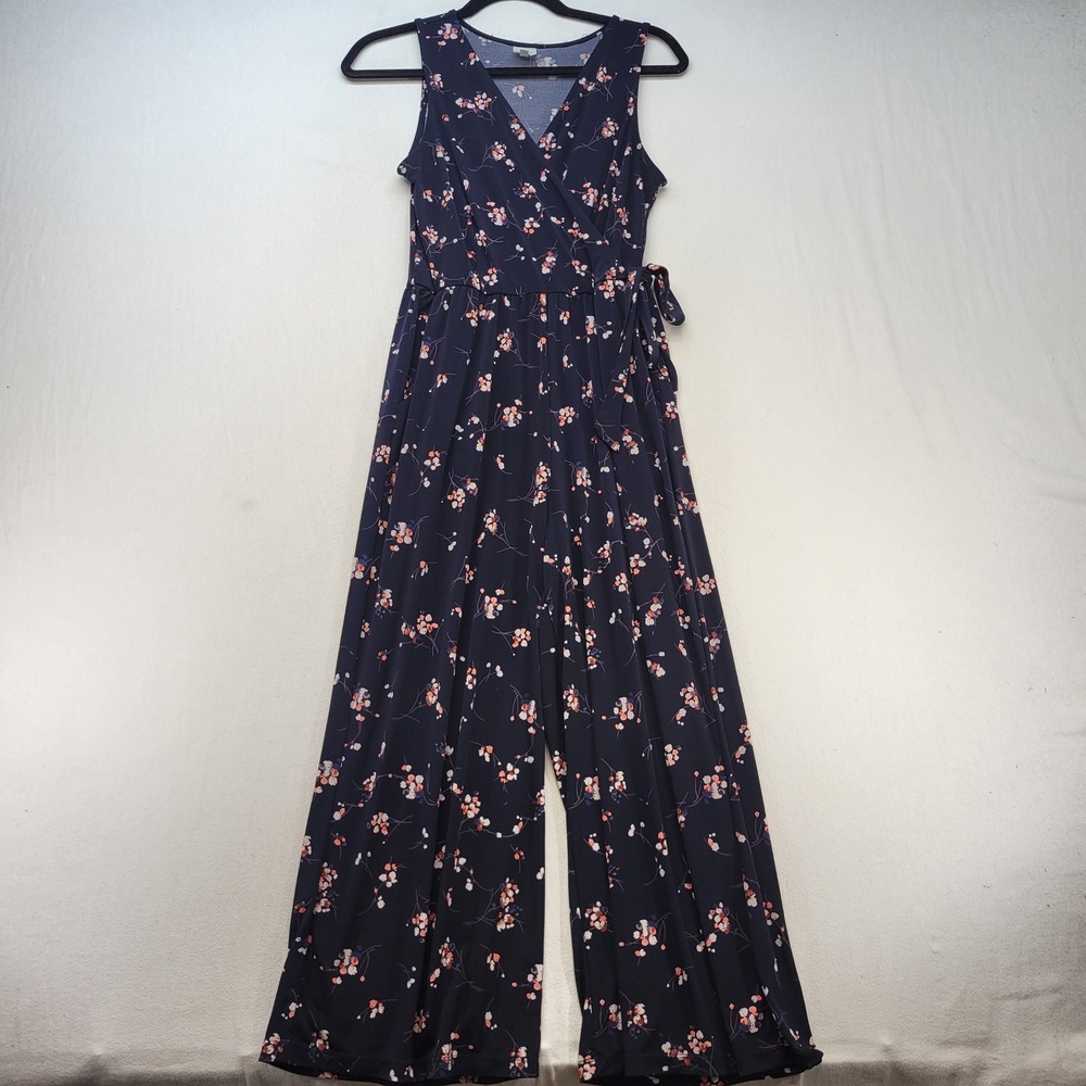 Kaileigh Jumpsuit Womens Small Navy Blue Floral Wrap Tie Waist Wide Leg